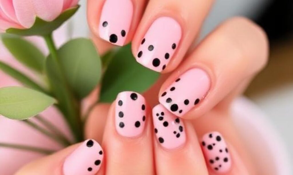 Light Pink Nails With Black Dots