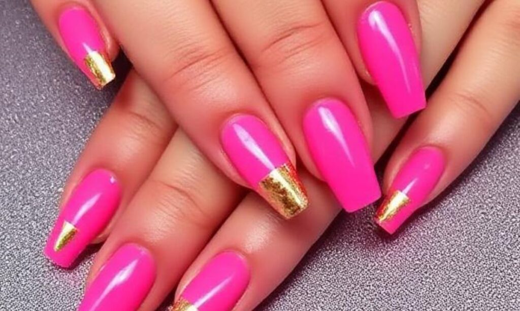 Neon Pink And Gold Short Nails