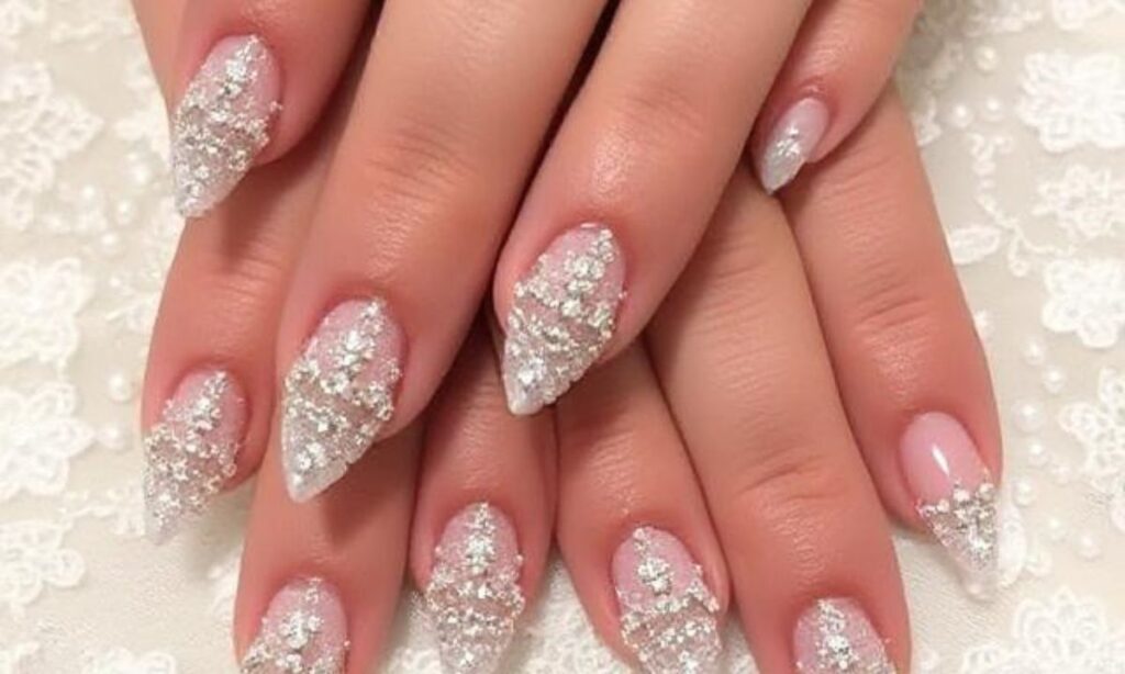 Short Nails With Rhinestones For The Bride
