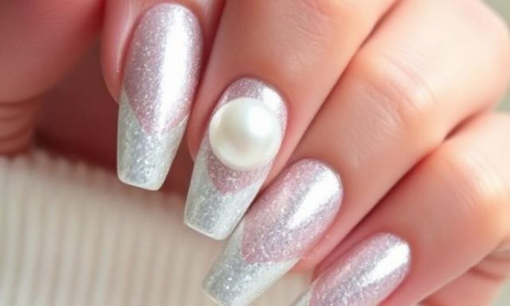 _Silver Sparkly French Nails With Pearls