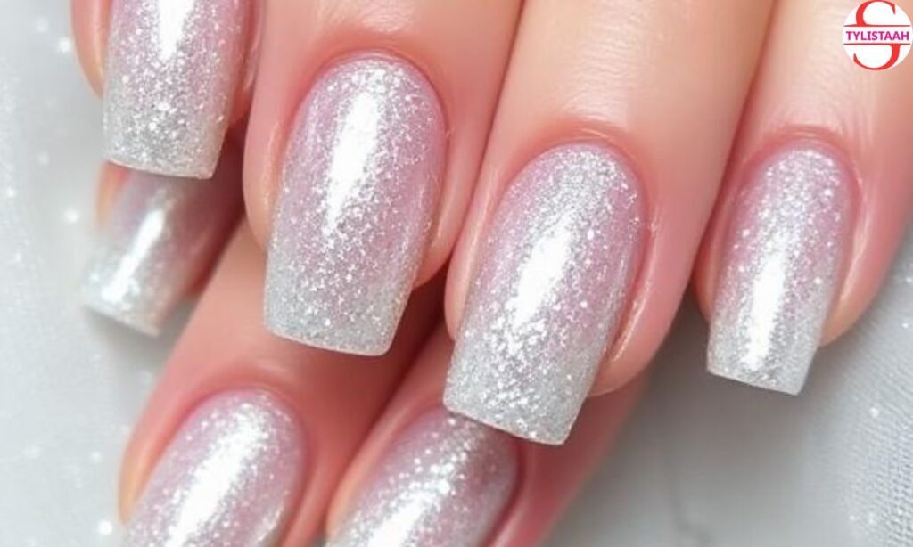 silver-sparkly-french-nails-with-pearls