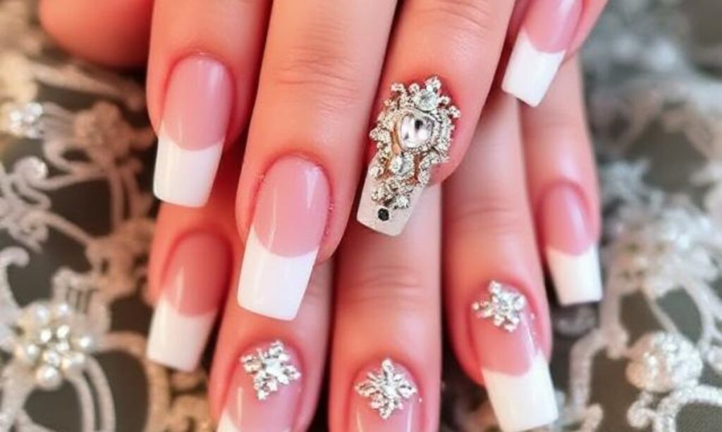 Baroque Invisible French Nails With Rhinestones