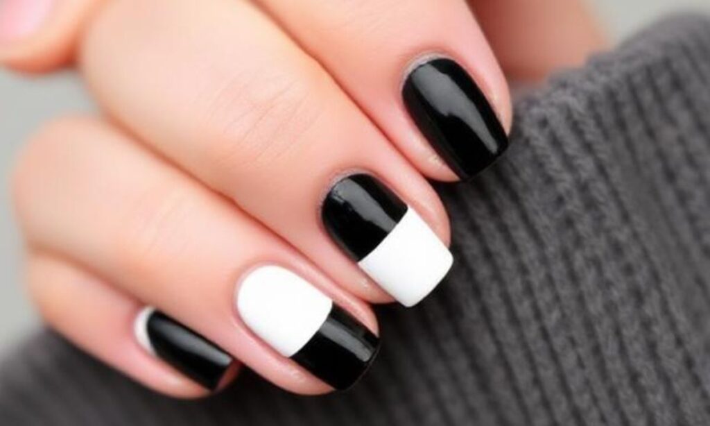 Classy Black And White Color-Block Nails