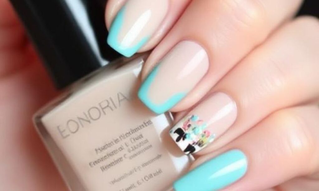 . Classy Nude And Turquoise Spring Nails