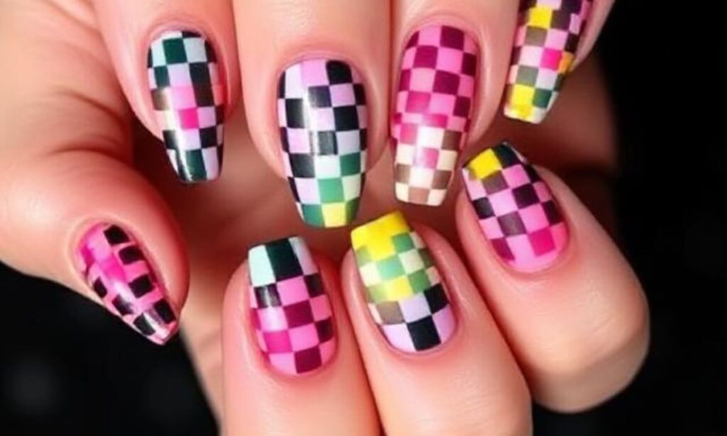 Colorful Checkered Coffin Nails