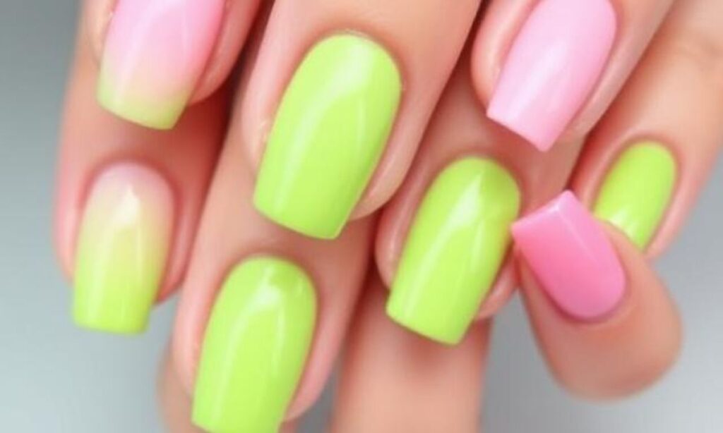 Cute Bright Green and Pink Short Nails