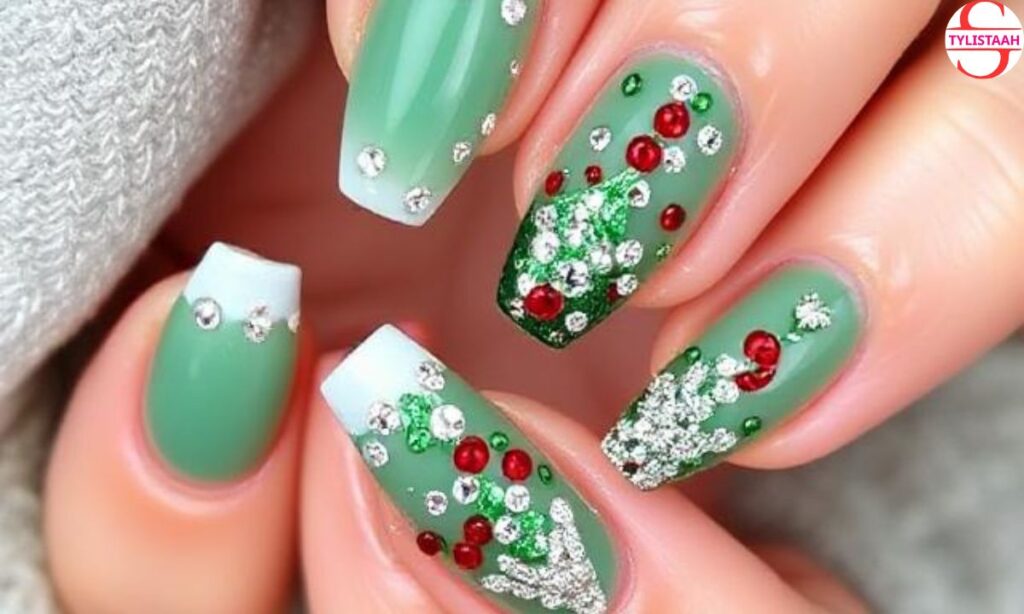 Cute Christmas Acrylic Nails With Rhinestones