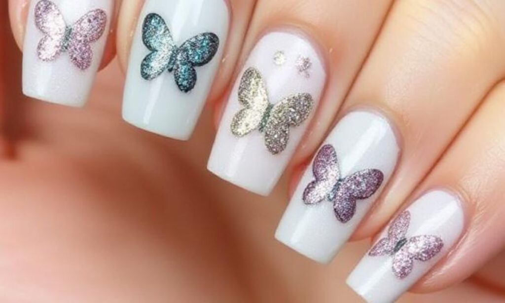 Cute Glitter Butterflies On Nails
