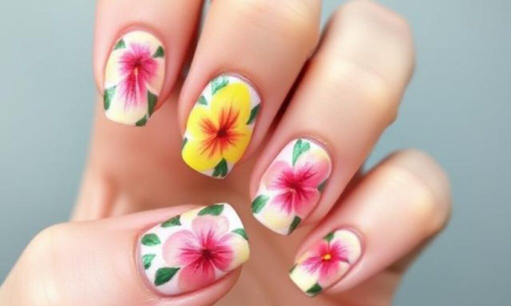 Cute Hawaiian Hibiscus Flower Nails