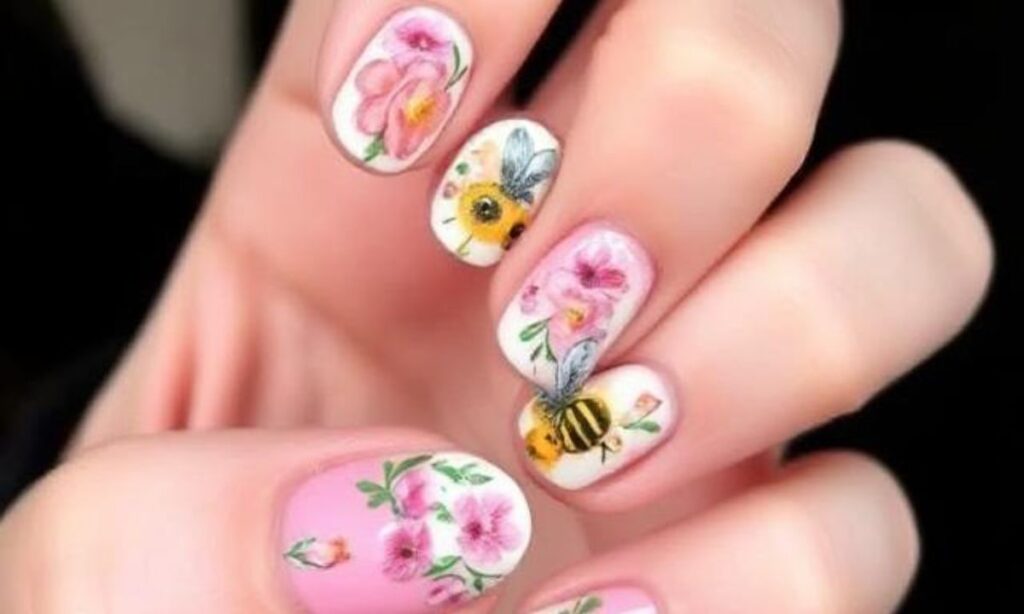 Cute Nail Art With Flowers And Bees