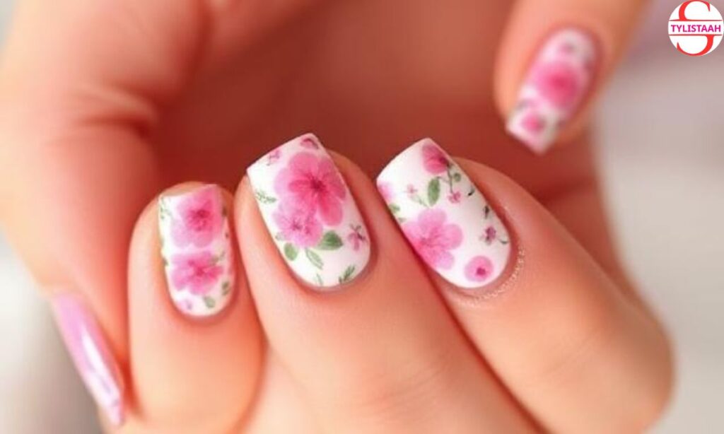 Cute Pink Floral Summer Nails