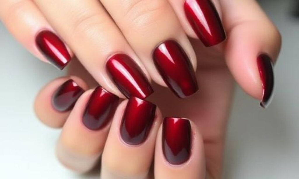 Dark Red Chrome Manicure