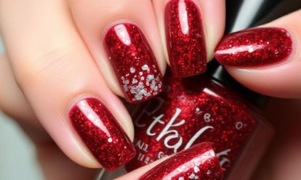 Festive Glitter Deep Red Nail Art