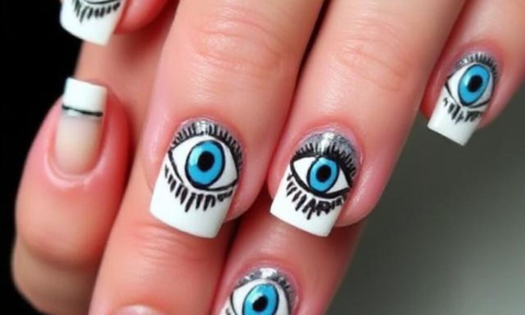 Greek Evil Eye French Tip Nails