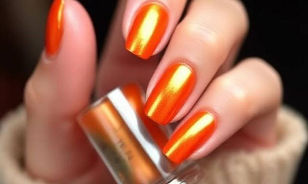 Orange Shiny Metallic Manicure