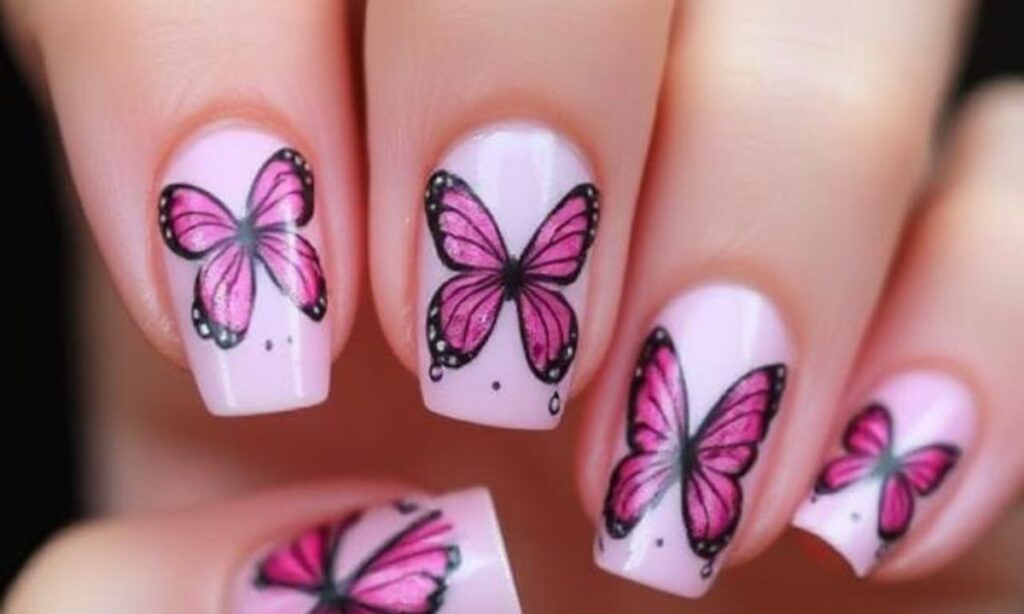 Pink Butterfly Designs On Nails