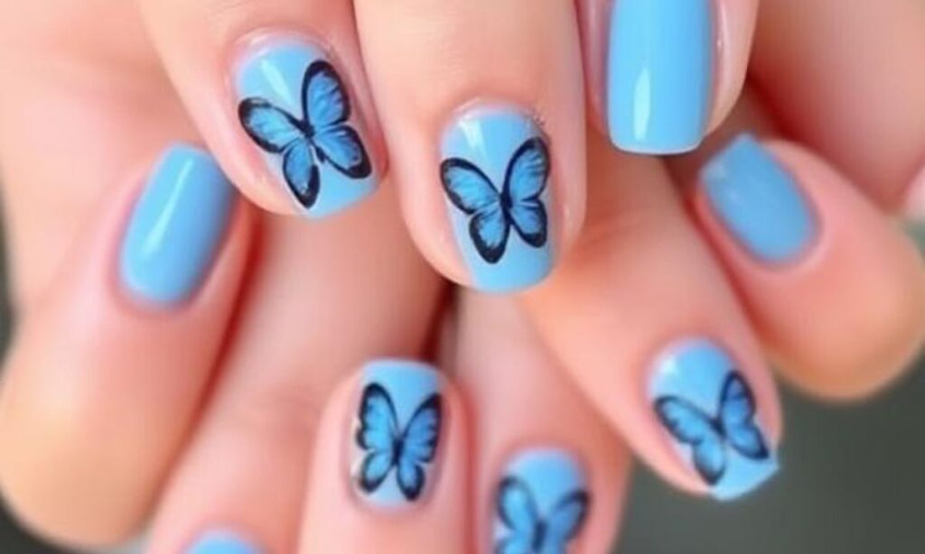 Simple Blue Butterfly Short Nails
