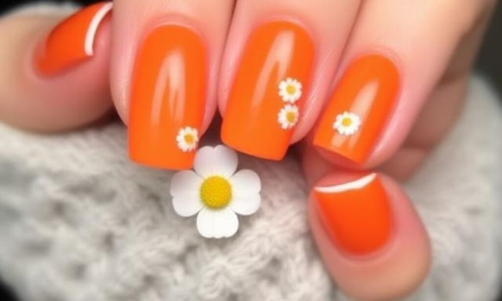 Simple Orange French Mani With Daisies