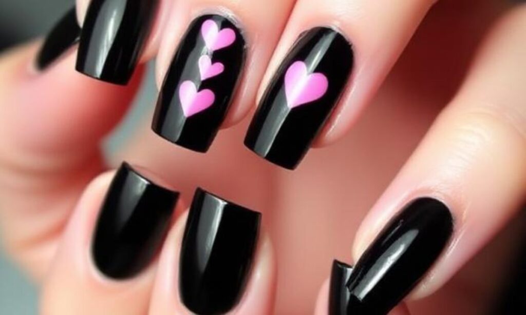 Stylish Black French Nails With Hearts