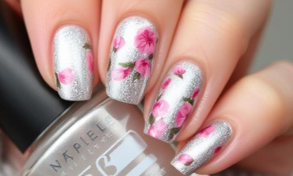 Stylish Silver And Pink Floral Nails