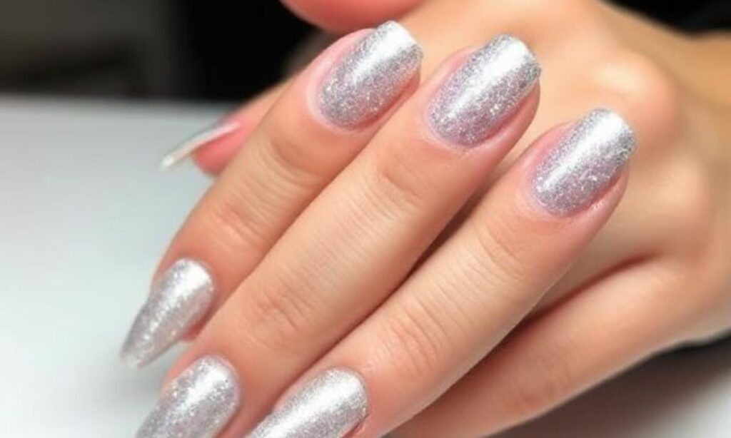 Stylish Silver Glitter Hybrid Short Nails