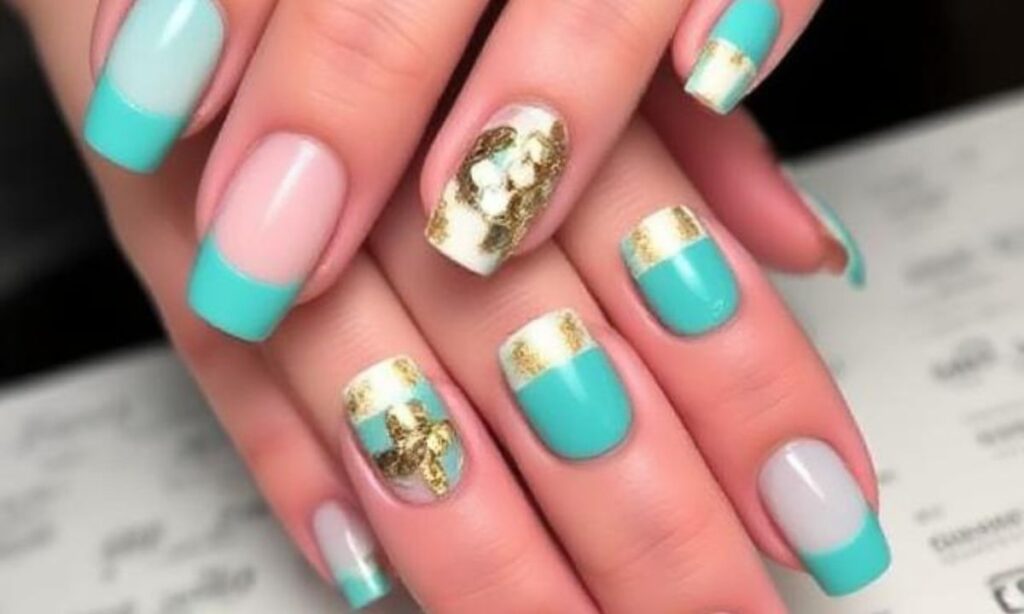 Turquoise And Gold Deconstructed French Nails