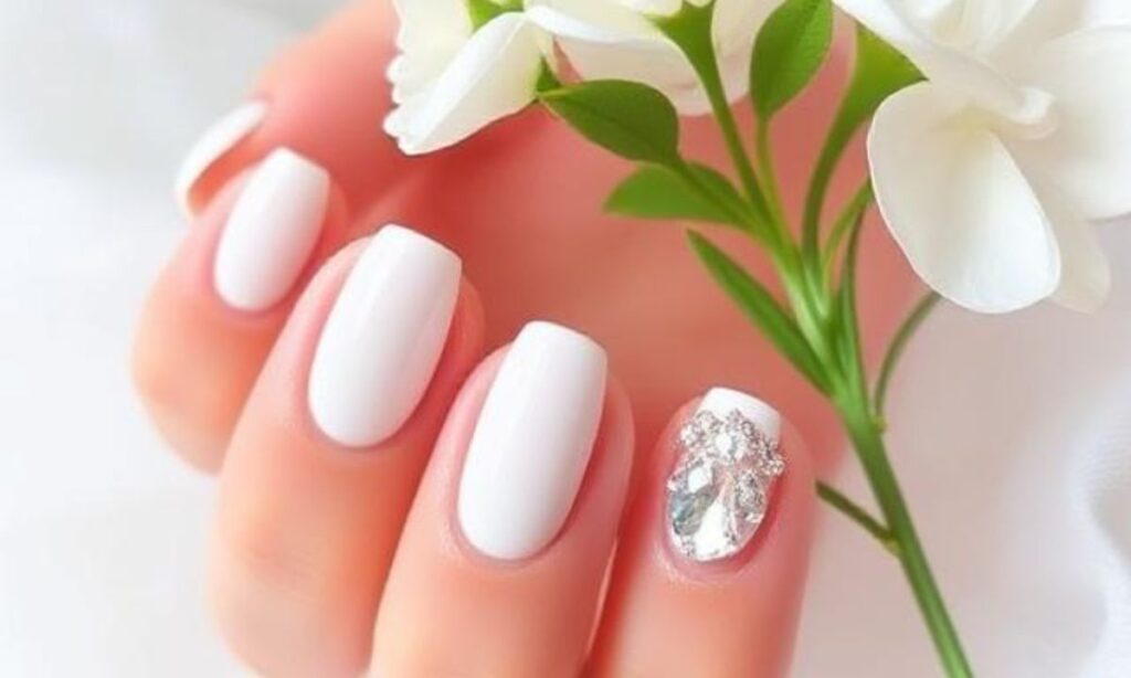 White Summer Nails With Gems