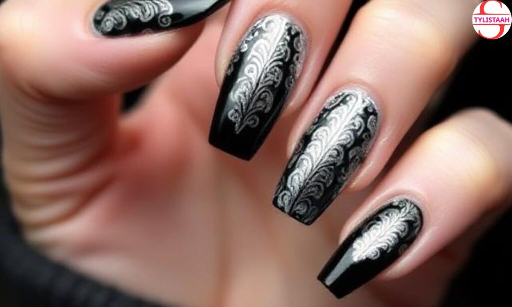 black-and-silver-filigree-french-nails