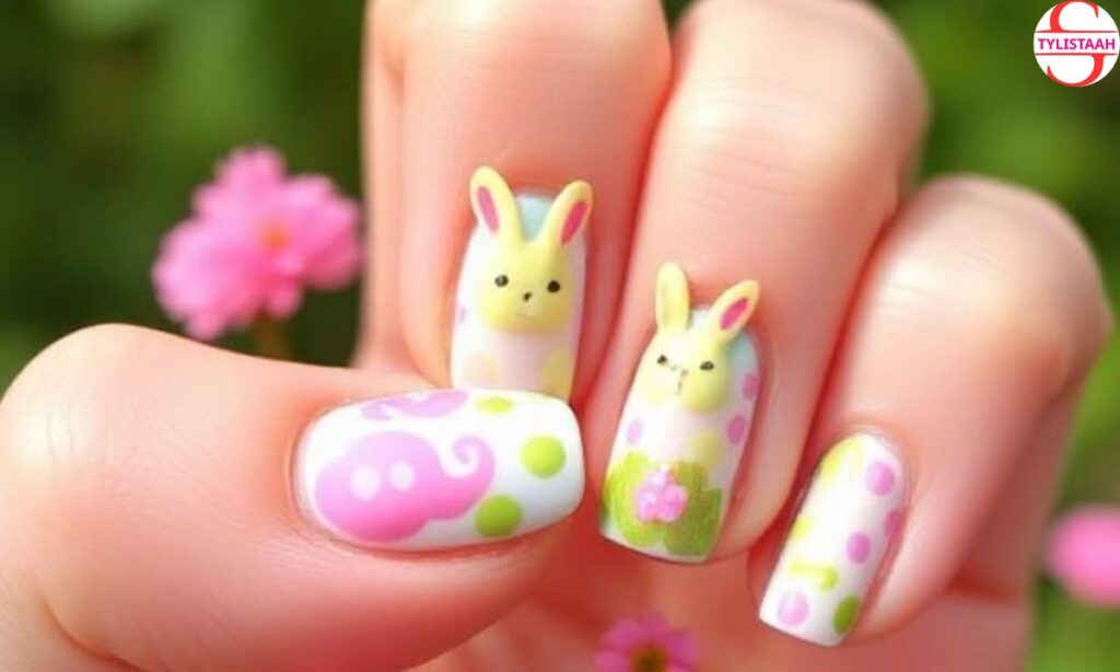 colorful-spring-nails-with-bunnies