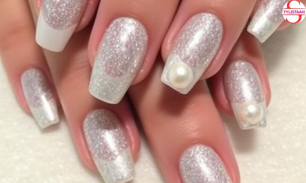 silver-sparkly-french-nails-with-pearls