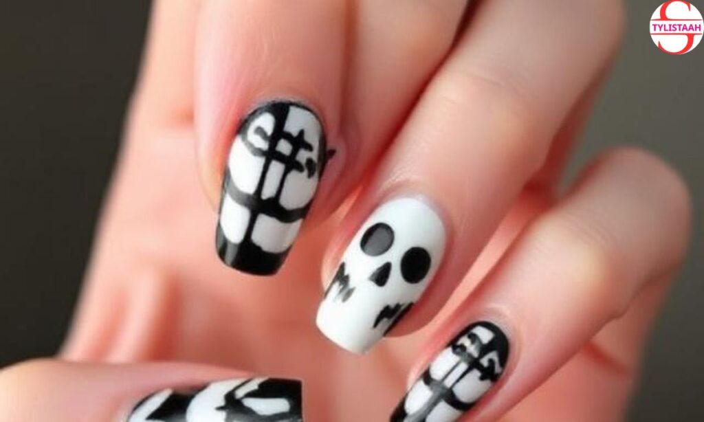 Black And White Halloween Nails