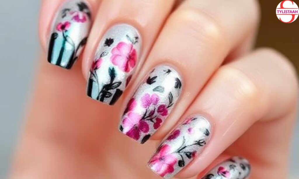 chic-floral-chrome-nail-art