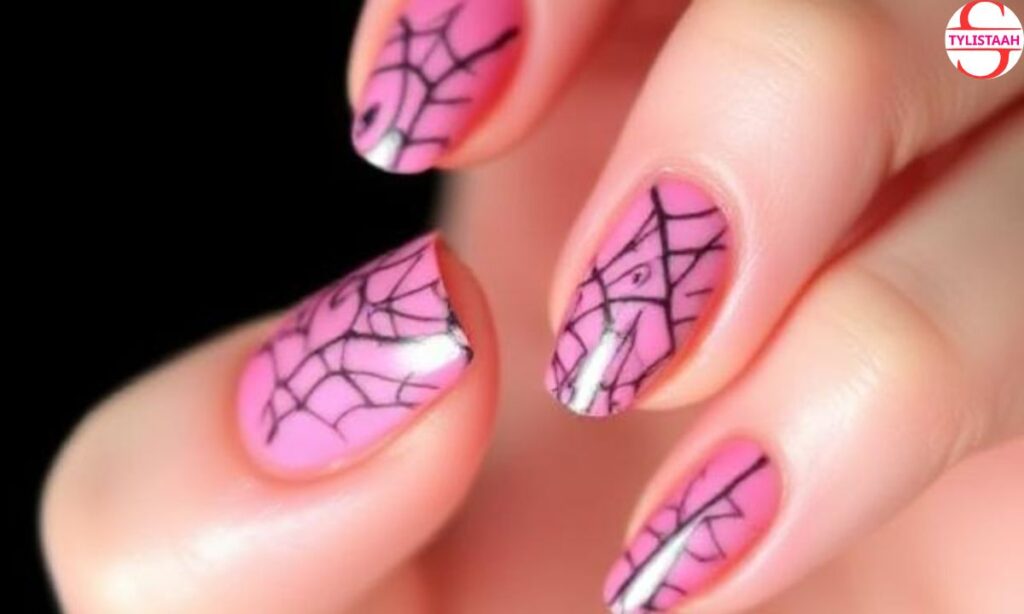 pink-cobweb-nail-design