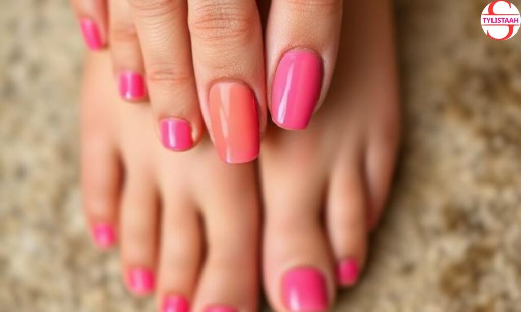 Pink and orange-themed pedicure